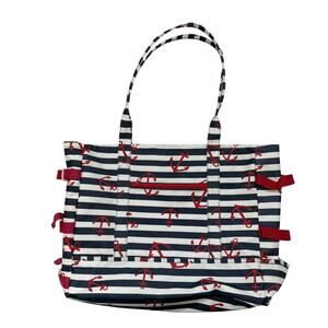 LAURA ASHLEY Seaside Blue White Red Anchor Lined Beach Tote Swim Bag Lined
